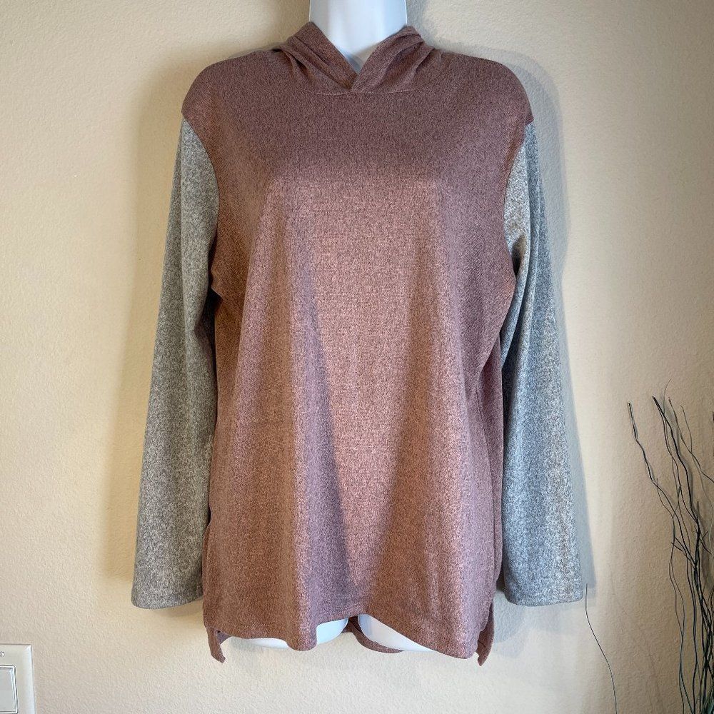 Bobbie Brooks Hoodie Sweater Large Pink Gray Lightweight Tunic